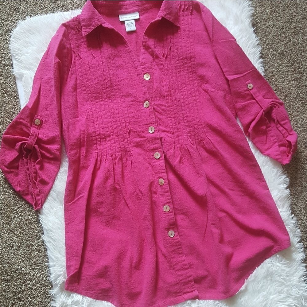 Soft Surroundings‎ Pink Cotton Long Button down Pintuck Top Size Small